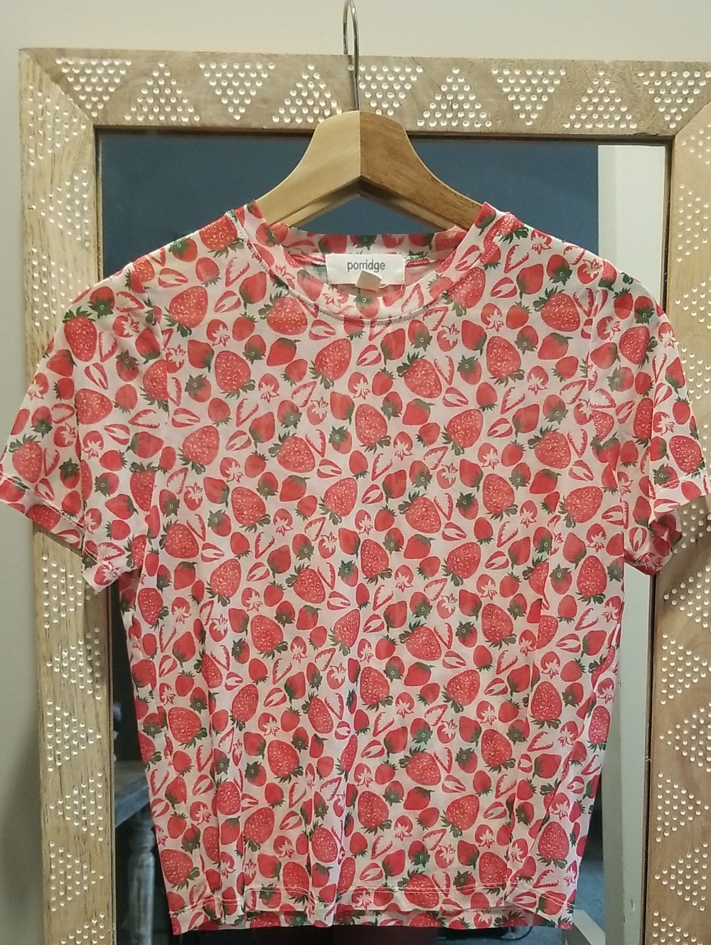Porridge Sheer Strawberry Print Short-Sleeve Tee in Pink